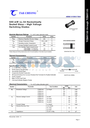 TCBAV101 datasheet - 500 mW LL-34 Hermetically Sealed Glass - High Voltage Switching Diodes