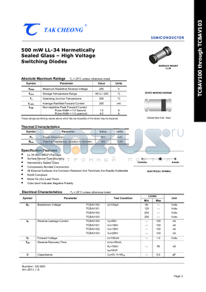 TCBAV101 datasheet - 500 mW LL-34 Hermetically Sealed Glass  High Voltage Switching Diodes