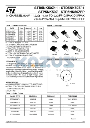 STB5NK50Z_05 datasheet - N-CHANNEL 500V - 1.22Y - 4.4A TO-220/FP-D/IPAK-D2/I2PAK Zener-Protected SuperMESHMOSFET