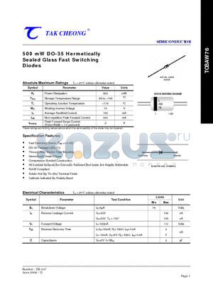TCBAW76 datasheet - 500 mW DO-35 Hermetically Sealed Glass Fast Switching Diodes