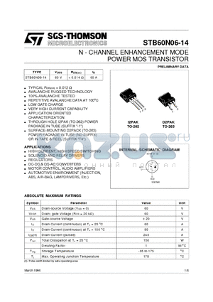 STB60N06-14 datasheet - N - CHANNEL ENHANCEMENT MODE POWER MOS TRANSISTOR