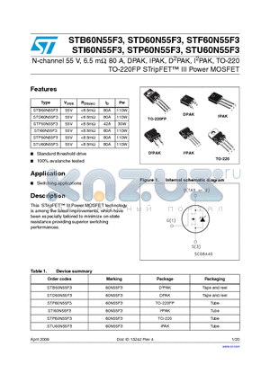 STB60N55F3 datasheet - N-channel 55 V, 6.5 mY, 80 A, DPAK, IPAK, D2PAK, I2PAK, TO-220 TO-220FP STripFET III Power MOSFET