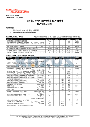 SHD225608 datasheet - HERMETIC POWER MOSFET N-CHANNEL