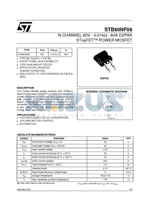 STB60NF06 datasheet - N-CHANNEL 60V - 0.014ohm - 60A D2PAK STripFET POWER MOSFET
