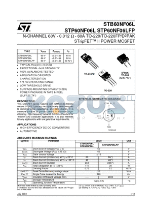 STB60NF06L datasheet - N-CHANNEL 60V - 0.012 OHM - 60A TO-220/TO-220FP/D2PAK STripFET II POWER MOSFET