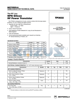 TP3032 datasheet - RF POWER TRANSISTOR NPN SILICON
