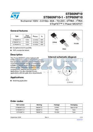 STB60NF10 datasheet - N-channel 100V - 0.019Y - 80A - TO-220 - D2PAK - I2PAK STripFET II Power MOSFET