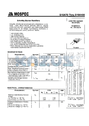 S10A70 datasheet - SCHOTTKY BARRIER RECTIFIERS(10A,70-100V)