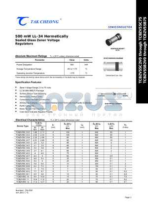 TCBZV55B11 datasheet - 500 mW LL-34 Hermetically Sealed Glass Zener Voltage Regulators