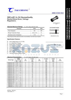 TCBZV55B12 datasheet - 500 mW LL-34 Hermetically Sealed Glass Zener Voltage Regulators