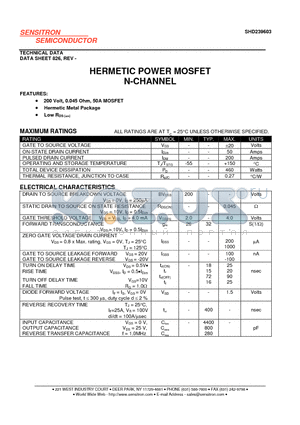 SHD239603 datasheet - HERMETIC POWER MOSFET N-CHANNEL