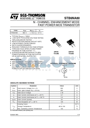 STB6NA80 datasheet - N - CHANNEL ENHANCEMENT MODE FAST POWER MOS TRANSISTOR