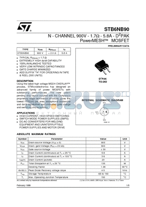 STB6NB90 datasheet - N - CHANNEL 900V - 1.7OHM - 5.8A - D2PAK PowerMESHO MOSFET