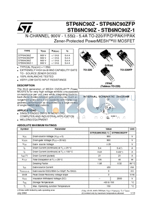 STB6NC90Z datasheet - N-CHANNEL 900V - 1.55ohm - 5.4A TO-220/FP/DbPAK/IbPAK Zener-Protected PowerMESHIII MOSFET