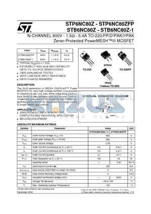 STB6NC80Z-1 datasheet - N-CHANNEL 800V - 1.5ohm - 5.4A TO-220/FP/DbPAK/IbPAK Zener-Protected PowerMESHIII MOSFET