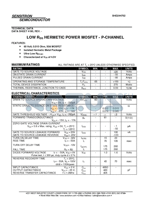 SHD244702 datasheet - LOW RDS HERMETIC POWER MOSFET - P-CHANNEL