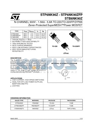 STB6NK90Z datasheet - N-channel 900V - 1.56Y - 5.8A - TO-220/TO-220FP/D2PAK/TO-247 Zener-protected SuperMESH Power MOSFET