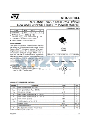 STB70NF3LL datasheet - N-CHANNEL 30V - 0.008 ohm - 70A D2PAK LOW GATE CHARGE STripFET POWER MOSFET