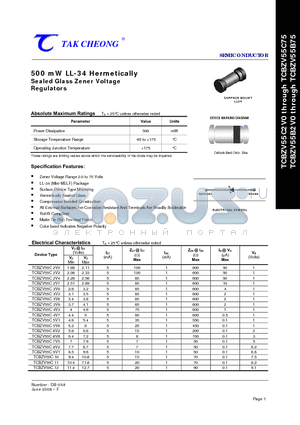 TCBZV55B6V8 datasheet - 500 mW LL-34 Hermetically Sealed Glass Zener Voltage Regulators