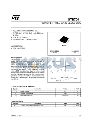 STB7001 datasheet - 900 MHz THREE GAIN LEVEL LNA