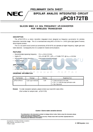 UPC8172TB datasheet - SILICON MMIC 2.5 GHz FREQUENCY UP-CONVERTER FOR WIRELESS TRANSCEIVER