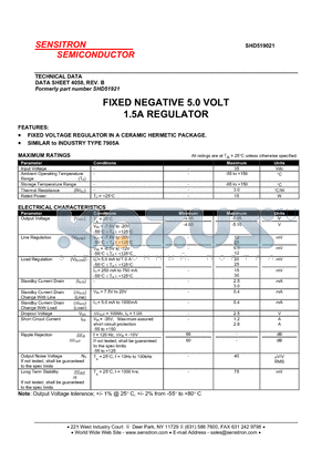 SHD519021 datasheet - FIXED NEGATIVE 5.0 VOLT 1.5A REGULATOR
