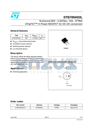STB70NH03LT4 datasheet - N-channel 60V - 0.0075ohm - 70A - D2PAK STripFET TM III Power MOSFET for DC-DC conversion