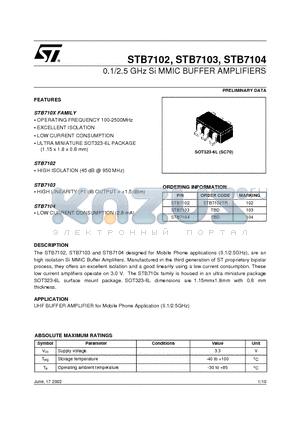 STB7102 datasheet - 0.1/2.5 GHz Si MMIC BUFFER AMPLIFIERS