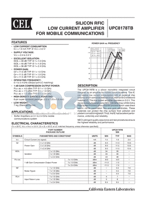 UPC8178TB datasheet - SILICON RFIC LOW CURRENT AMPLIFIER FOR MOBILE COMMUNICATIONS