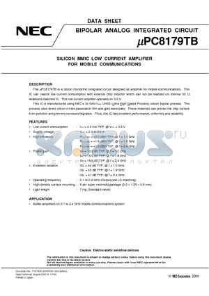 UPC8179TB datasheet - SILICON MMIC LOW CURRENT AMPLIFIER FOR MOBILE COMMUNICATIONS