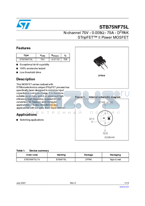 STB75NF75L datasheet - N-channel 75V - 0.009Y - 75A - D2PAK STripFET II Power MOSFET