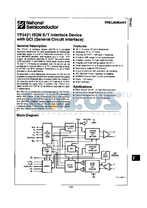 TP3421 datasheet - ISDN S / T INTERFACE DEVICE WITH GCI ( GENERAL CIRCUIT INTERFACE )