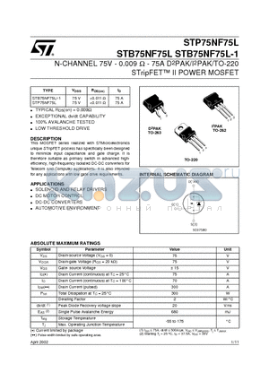 STB75NF75L-1 datasheet - N-CHANNEL 75V - 0.009 ohm - 75A D2PAK/I2PAK/TO-220 STripFET II POWER MOSFET