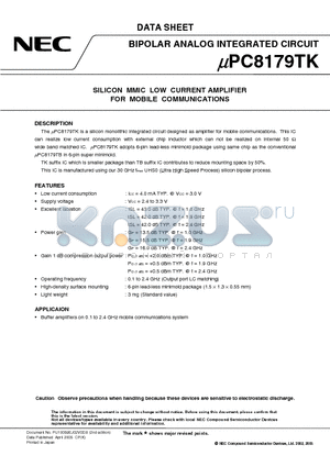 UPC8179TK datasheet - SILICON MMIC LOW CURRENT AMPLIFIER FOR MOBILE COMMUNICATIONS