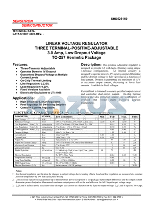 SHD526150 datasheet - LINEAR VOLTAGE REGULATOR THREE TERMINAL-POSITIVE-ADJUSTABLE 3.0 Amp, Low Dropout Voltage TO-257 Hermetic Package