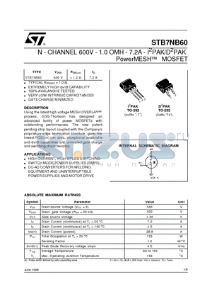 STB7NB60 datasheet - N - CHANNEL 600V - 1.0 OMH - 7.2A - I2PAK/D2PAK PowerMESH MOSFET