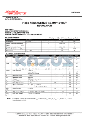 SHD52626 datasheet - FIXED NEGATIVETIVE 1.5 AMP 15 VOLT REGULATOR