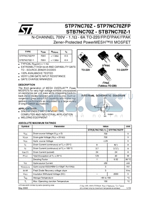 STB7NC70Z datasheet - N-CHANNEL 700V - 1.1ohm - 6A TO-220/FP/D2PAK/I2PAK Zener-Protected PowerMESHIII MOSFET