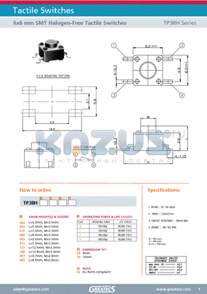 TP38H043H0902 datasheet - 6x6 mm SMT Halogen-Free Tactile Switches