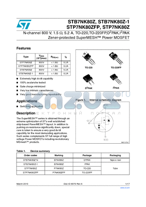 STB7NK80ZT4 datasheet - N-channel 800 V, 1.5 Y, 5.2 A, TO-220,TO-220FP,D2PAK,I2PAK Zener-protected SuperMESH Power MOSFET