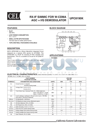 UPC8190K-E1-A datasheet - RX-IF SiMMIC FOR W-CDMA AGC  I/Q DEMODULATOR