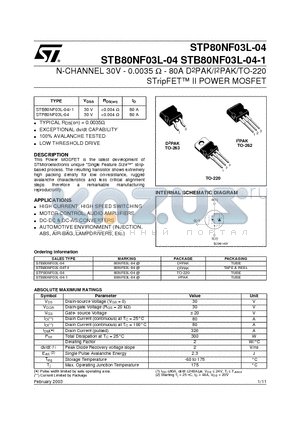 STB80NF03L-04-1 datasheet - N-CHANNEL 30V - 0.0035 W - 80A D2PAK/I2PAK/TO-220 STripFET II POWER MOSFET