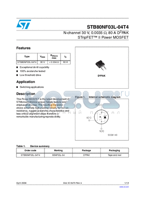 STB80NF03L-04T4_09 datasheet - N-channel 30 V, 0.0035 Y, 80 A D2PAK STripFET II Power MOSFET