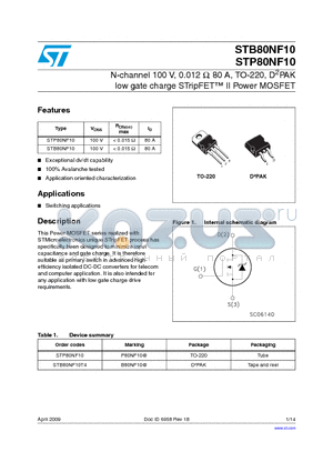STB80NF10T4 datasheet - N-channel 100 V, 0.012 Y, 80 A, TO-220, D2PAK low gate charge STripFET II Power MOSFET