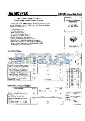 S10S100 datasheet - SCHOTTKY BARRIER RECTIFIERS(10A,70-100V)