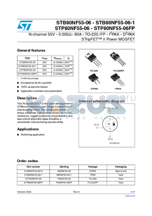 STB80NF55-06T4 datasheet - N-channel 55V - 0.005Y - 80A - TO-220 /FP - I2PAK - D2PAK STripFET II Power MOSFET