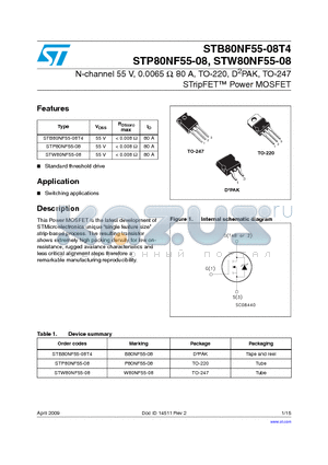 STB80NF55-08T4 datasheet - N-channel 55 V, 0.0065 Y, 80 A, TO-220, D2PAK, TO-247 STripFET Power MOSFET