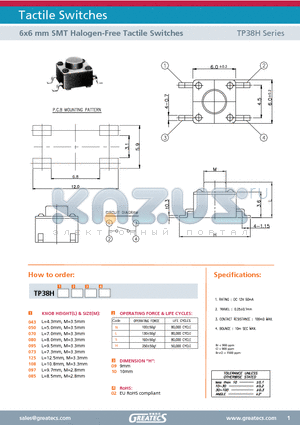 TP38H085L1002 datasheet - 6x6 mm SMT Halogen-Free Tactile Switches