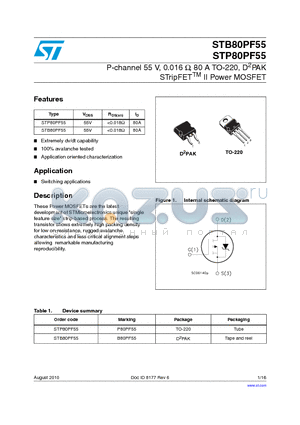 STB80PF55_10 datasheet - P-channel 55 V, 0.016 Y, 80 A TO-220, D2PAK STripFETTM II Power MOSFET