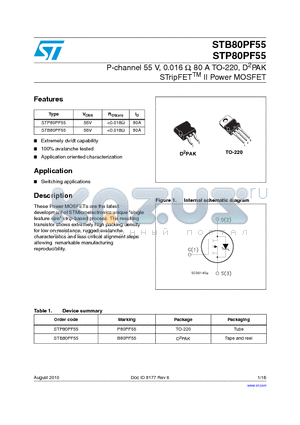 STB80PF55 datasheet - P-channel 55 V, 0.016 Y, 80 A TO-220, D2PAK STripFETTM II Power MOSFET